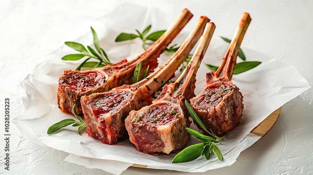 Poster raw meat mutton lamb rack with fresh herbs on a white paper background : generative ai