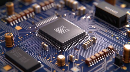 Close up of Microchip on Circuit Board with Blue and Purple Technology Background