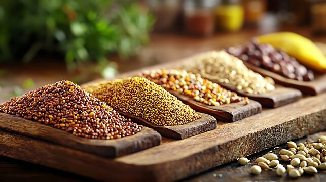 Assortment of spices Cumin carry turmeric coriander seeds on an old wooden cutting board Background text copy space : Generative AI