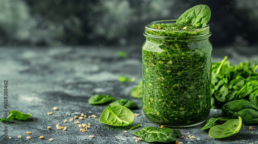 Aufkleber apple and spinach smoothie healthy drink in glass jar on grey stone background : generative ai