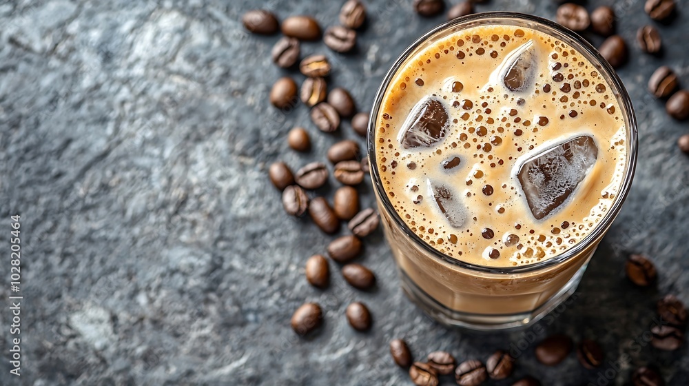 Poster ice coffee in a tall glass with cream and coffee beans on a grey stone background top view copy spac