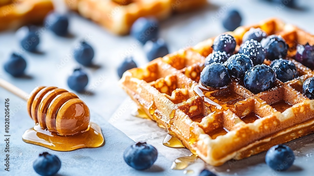 Poster fresh waffles with blueberries and honey on a white background close up : generative ai