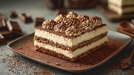Tiramisu cake with chocolate decotaion on a plate Grey background Close up : Generative AI