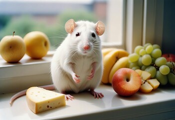 Fototapeta premium A white rat is sitting on a window sill next to some fruit
