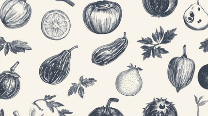 Hand-Drawn Black and White Illustration of Various Fruits and Vegetables