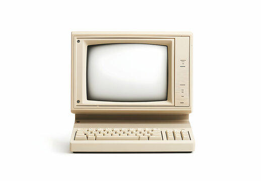 Vintage beige desktop computer with blank screen.