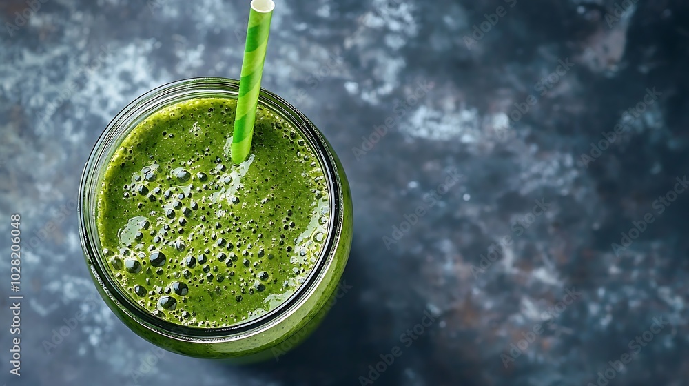 Poster spinach smoothie healthy drink in glass jar on grey stone background top view copy space : generativ