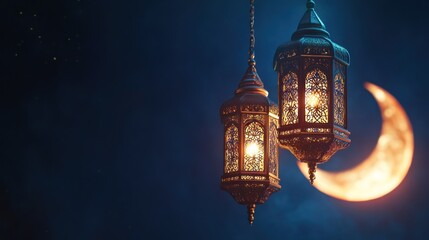 Obraz premium Ramadan Lantern and Crescent Moon