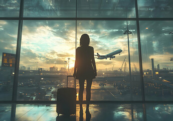 Fototapeta premium Woman Waiting For Her Flight at the Airport.