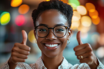 Young African American woman thumbs up in front of the camera