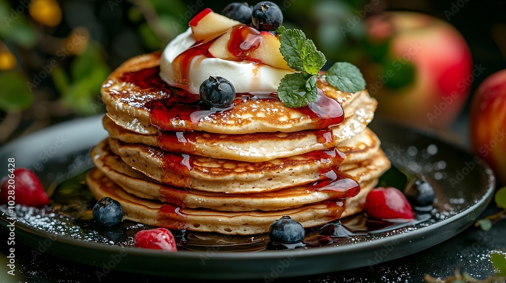 Poster buckwheat pancakes with poached apples and cream : generative ai
