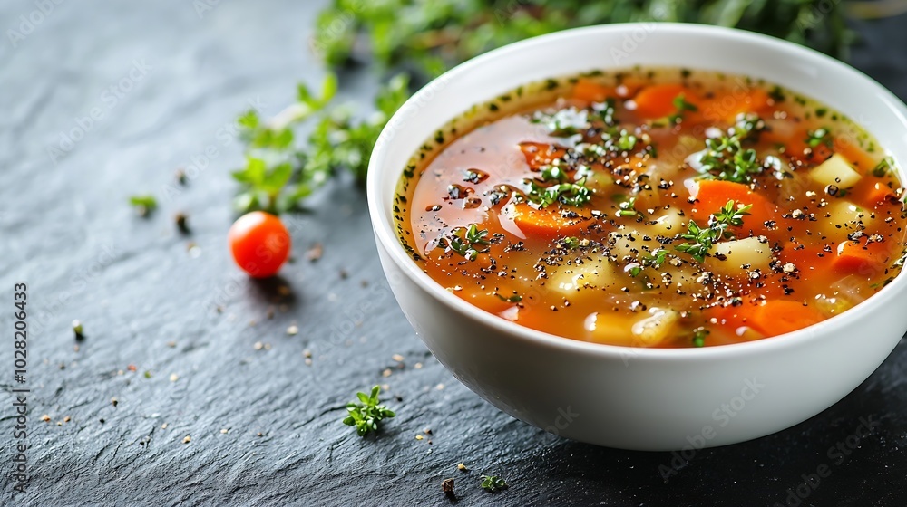 Poster chicken soup with vegetables in white bowl grey stone background close up : generative ai