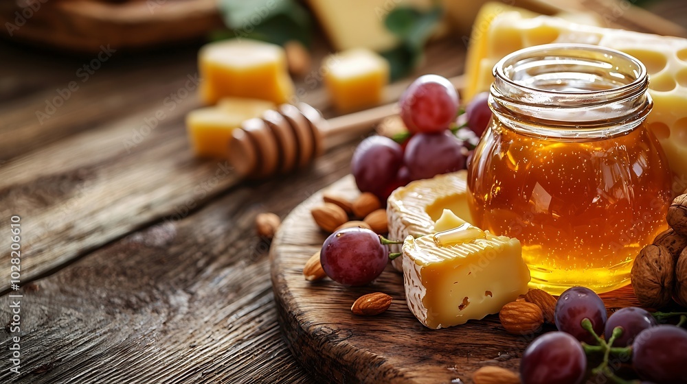 Aufkleber Assortment of cheese with honey nuts and grape on a rustic cutting board wooden background Toning : Generative AI
