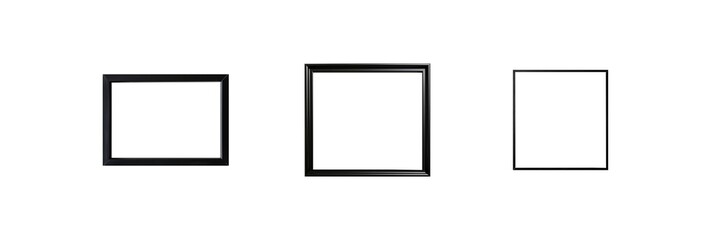 Set of thin black picture frames in various rectangular and square shapes, isolated on transparent background