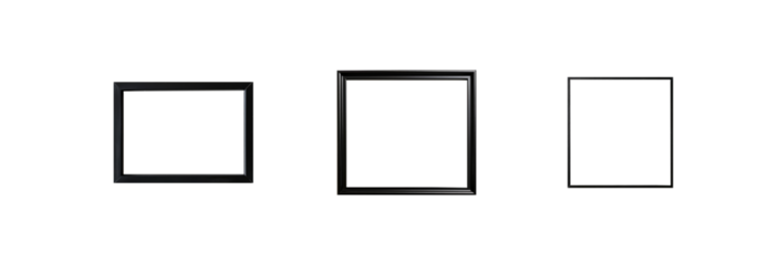 Set of thin black picture frames in various rectangular and square shapes, isolated on transparent background