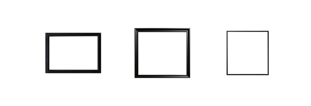 Set of thin black picture frames in various rectangular and square shapes, isolated on transparent background
