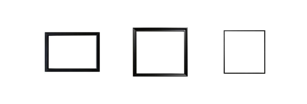 Set of thin black picture frames in various rectangular and square shapes, isolated on transparent background