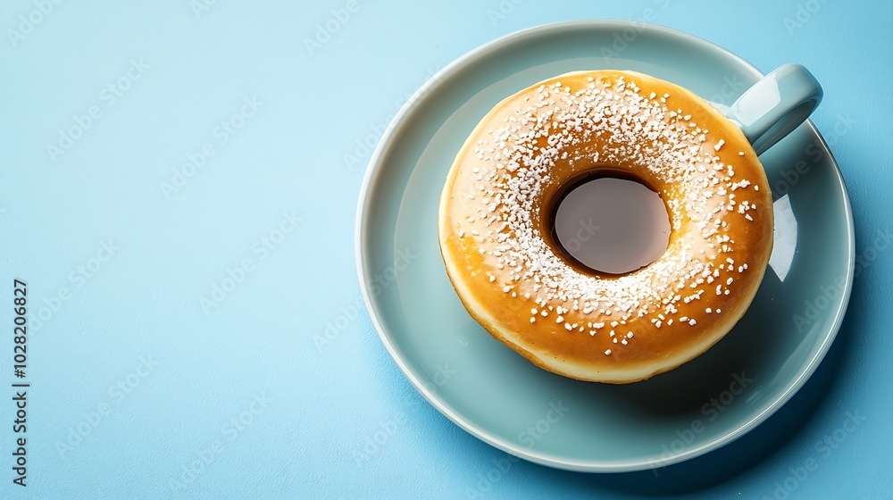 Poster coffee with donut on blue background top view : generative ai