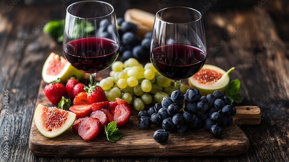 Poster cheese and fruits on cutting board with red white wine wooden background copy space top view : gener