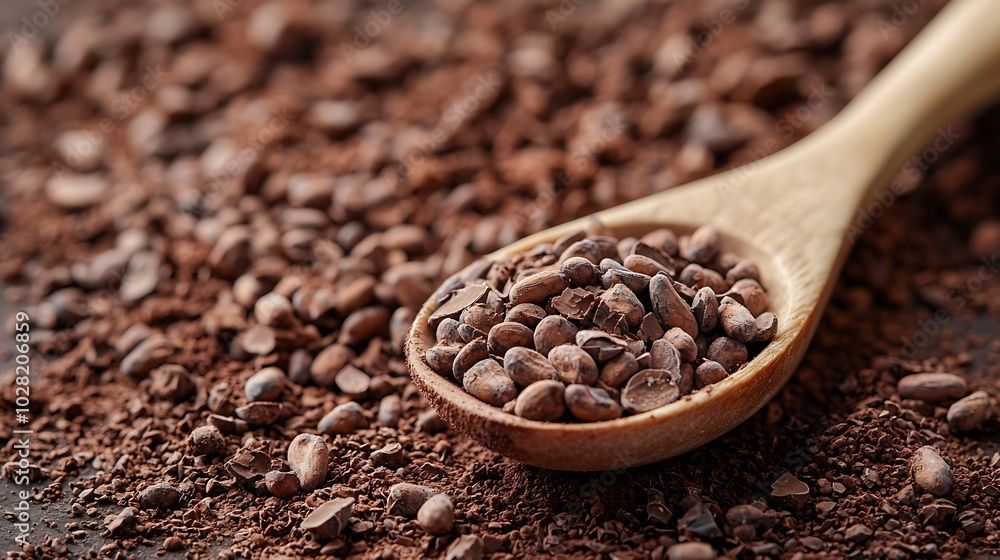 Poster wooden spoon on a crushed raw cocoa beans nibs background copy space top view : generative ai