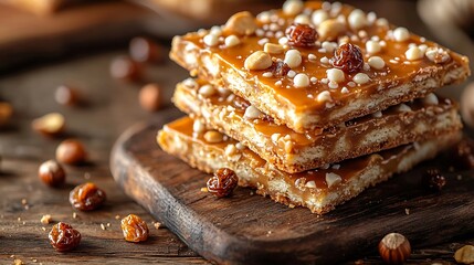 Millionaire shortbread bars with caramel white chocolate raisins and hazelnuts on a wooden background : Generative AI