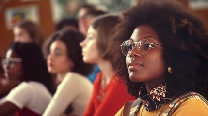Obraz premium Young adults in a vintage classroom, displaying concentration and hope as they listen attentively and absorb knowledge. The 70s aesthetic creates a sense of nostalgia