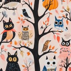 Autumn Scene with Owls and Cats Perched on Tree Branches