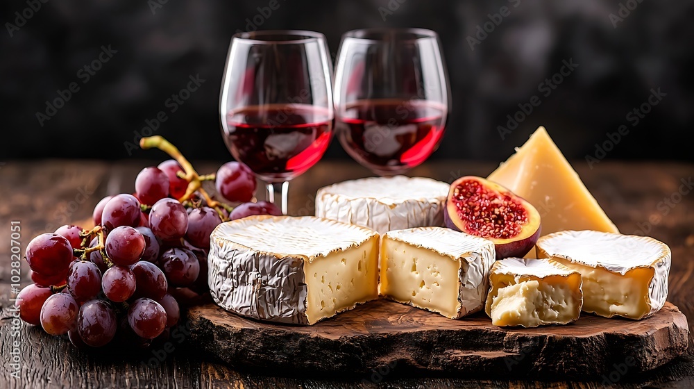 Poster assortment of cheese grapes with red wine in glasses stone and wood background close up copy space :