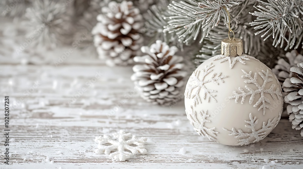 Poster christmas and new year background snowflake christmas tree and ball on a white wooden background cop
