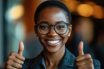 Young African American woman thumbs up in front of the camera