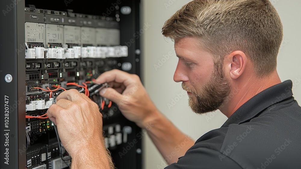 Poster it technician working on server rack in data center