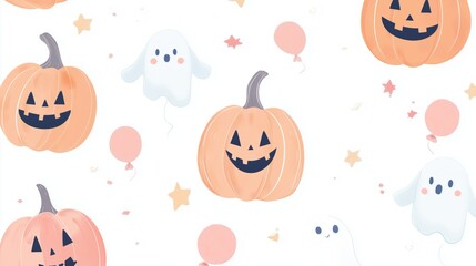 Whimsical Halloween Illustration of Ghosts and Jack-o'-Lanterns