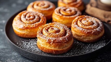 Cinnamon rolls cinnabons on black plate Grey background Close up Top view : Generative AI