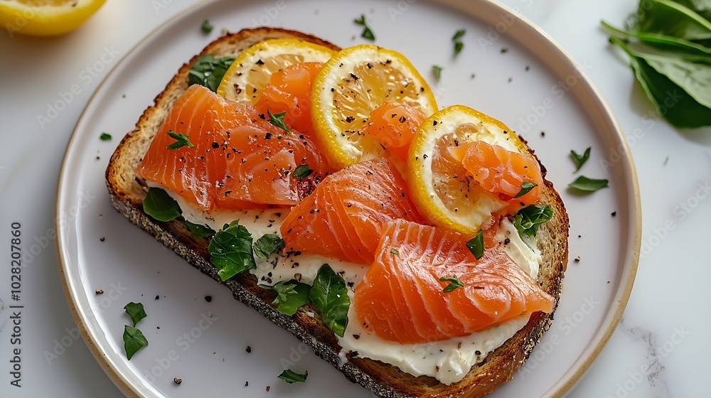 Poster sandwich toast with smoked salmon and cream cheese on white plate marble background copy space top v