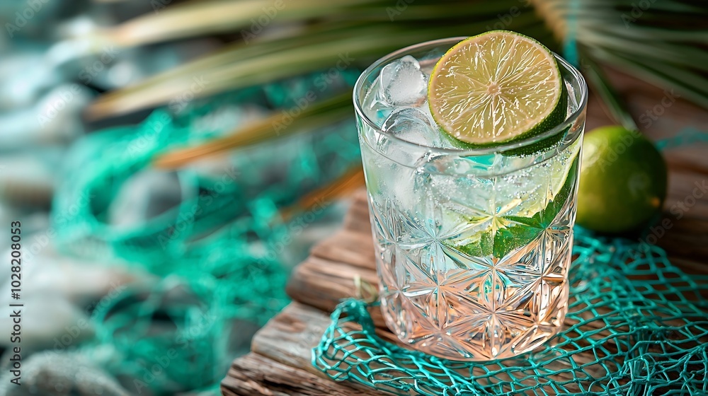 Poster Gin tonic in glass with ice and lime slice on a wooden background with fishing net and palm leaves Selective focus : Generative AI