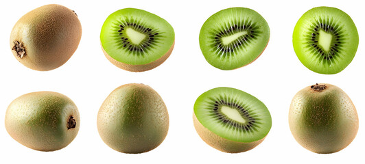 Fototapeta premium Fresh Kiwi Fruit Slices and Whole Fruit on White Background.