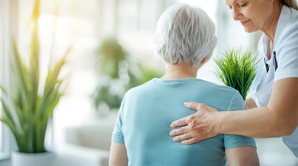 Healthcare support, caregiver assisting senior in a bright, nurturing environment.