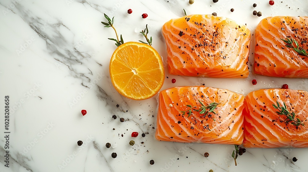 Poster salmon steaks fillet with herbs and spices white marble background top view : generative ai