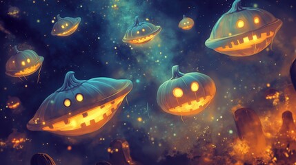 Smiling Jack-o'-Lanterns Floating Through a Magical Starry Night Sky