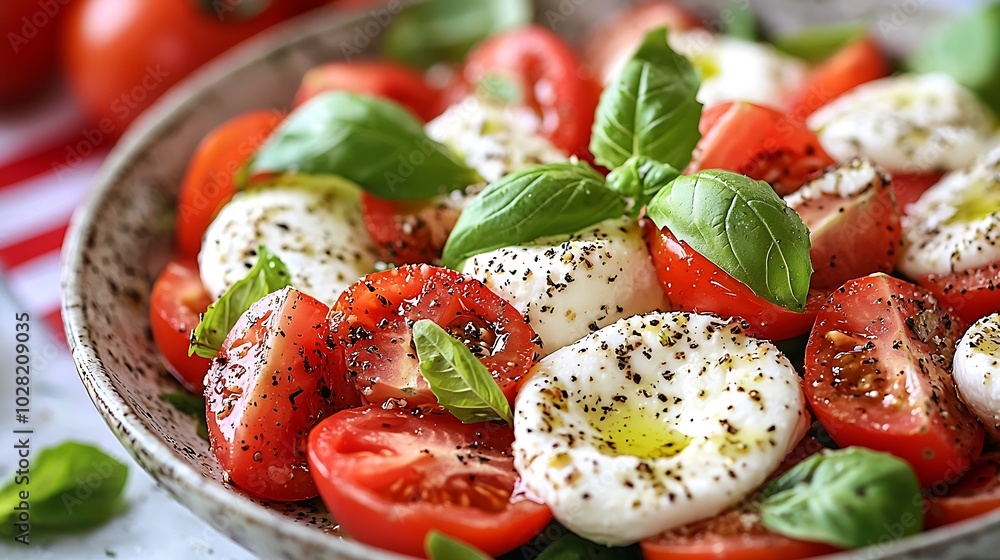 Aufkleber caprese salad with tomatoes mozzarella cheese and basil with italian flag marble background close up