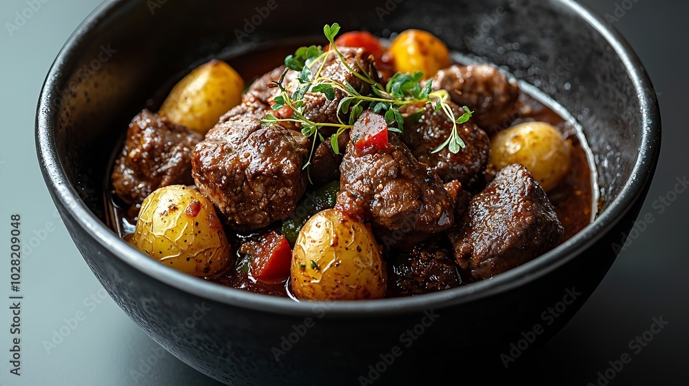 Poster beef meat and vegetables stew in black bowl with roasted baby potatoes dark background copy space to