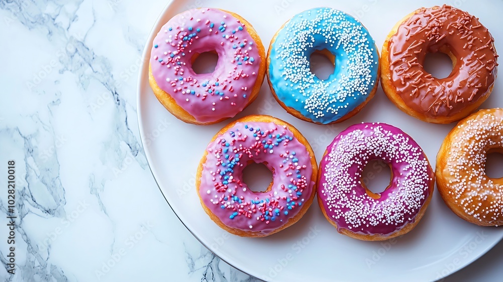 Poster donuts assortment with colorful glaze on white plate marble background top view : generative ai