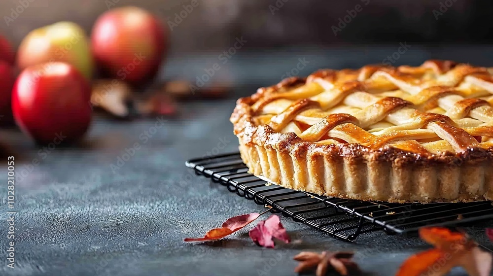 Poster apple pie on a cooling rack grey background copy space top view : generative ai