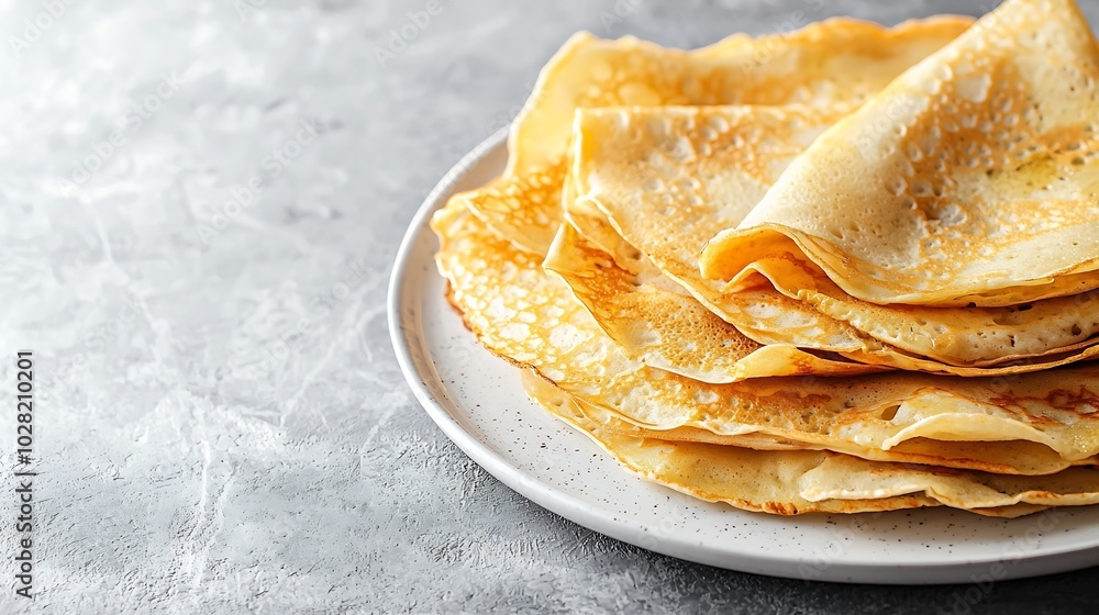 Poster crepes blini thin pancakes with honey on a white plate marble background top view : generative ai