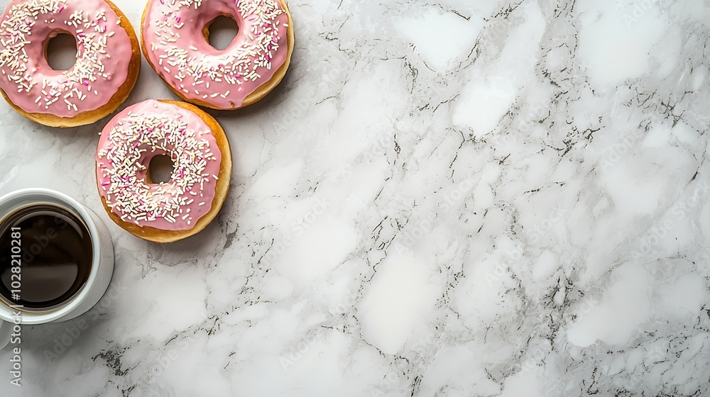 Poster Coffee with donuts on marble table background Copy space Top view : Generative AI