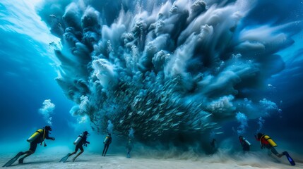 Obraz premium Divers Enjoying an Underwater Moment with Fish Schools