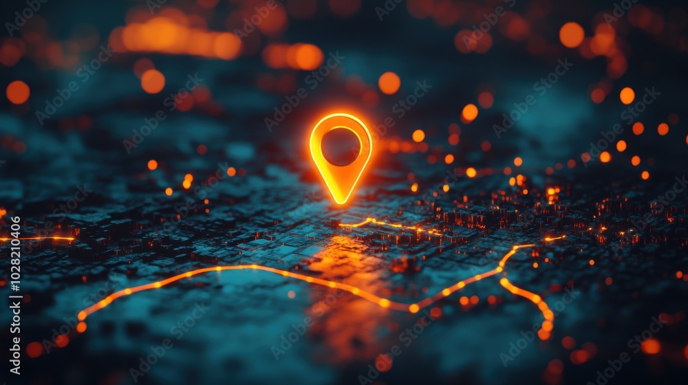 Poster glowing location pin icon stands out against dark, illuminated map, symbolizing navigation and conne