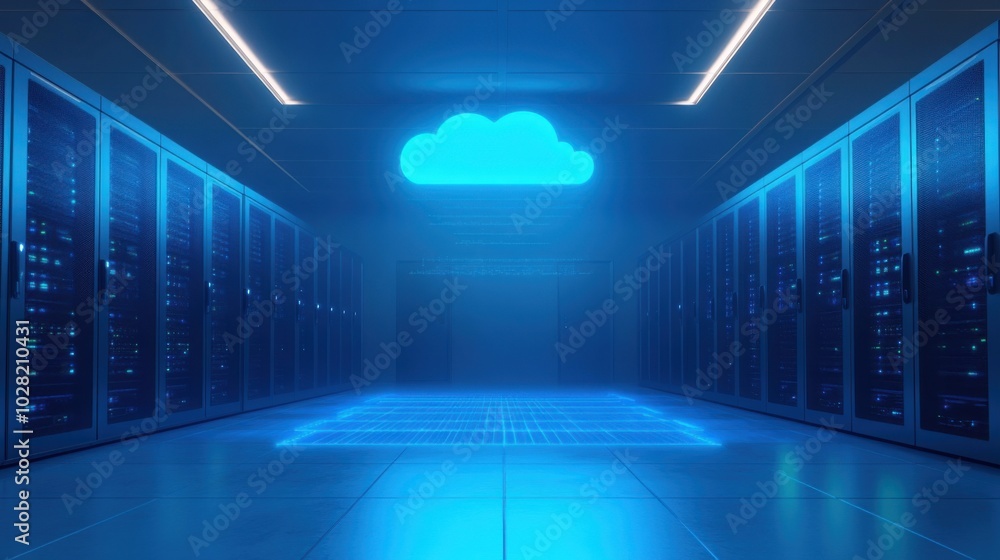 Poster futuristic data center featuring glowing blue cloud technology, surrounded by rows of server racks. 