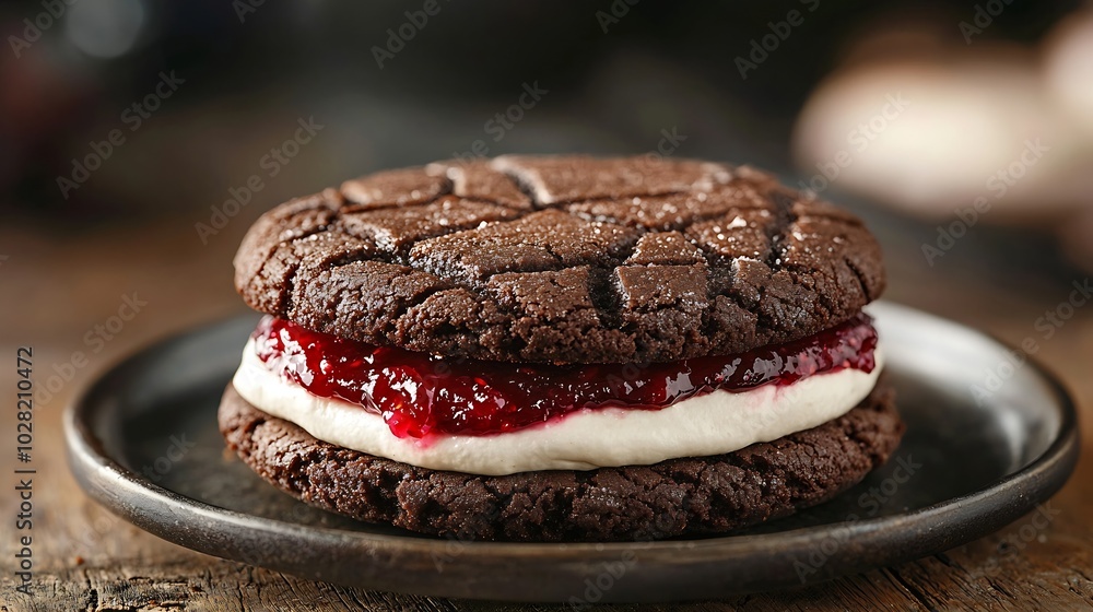 Poster chocolate cookie sandwich with a raspberry jam and meringue : generative ai