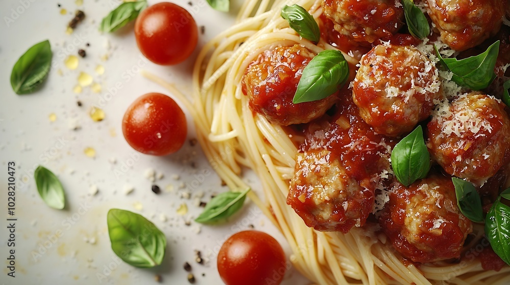 Poster meatballs in tomato sauce and fresh basil with spaghetti on a white background top view : generative
